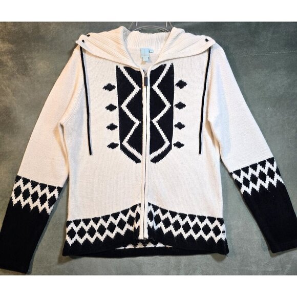 Shu Shu Cashmere Blend Sweater Cardigan Ivory & Black Long Full Zip Women's XL - Picture 1 of 10